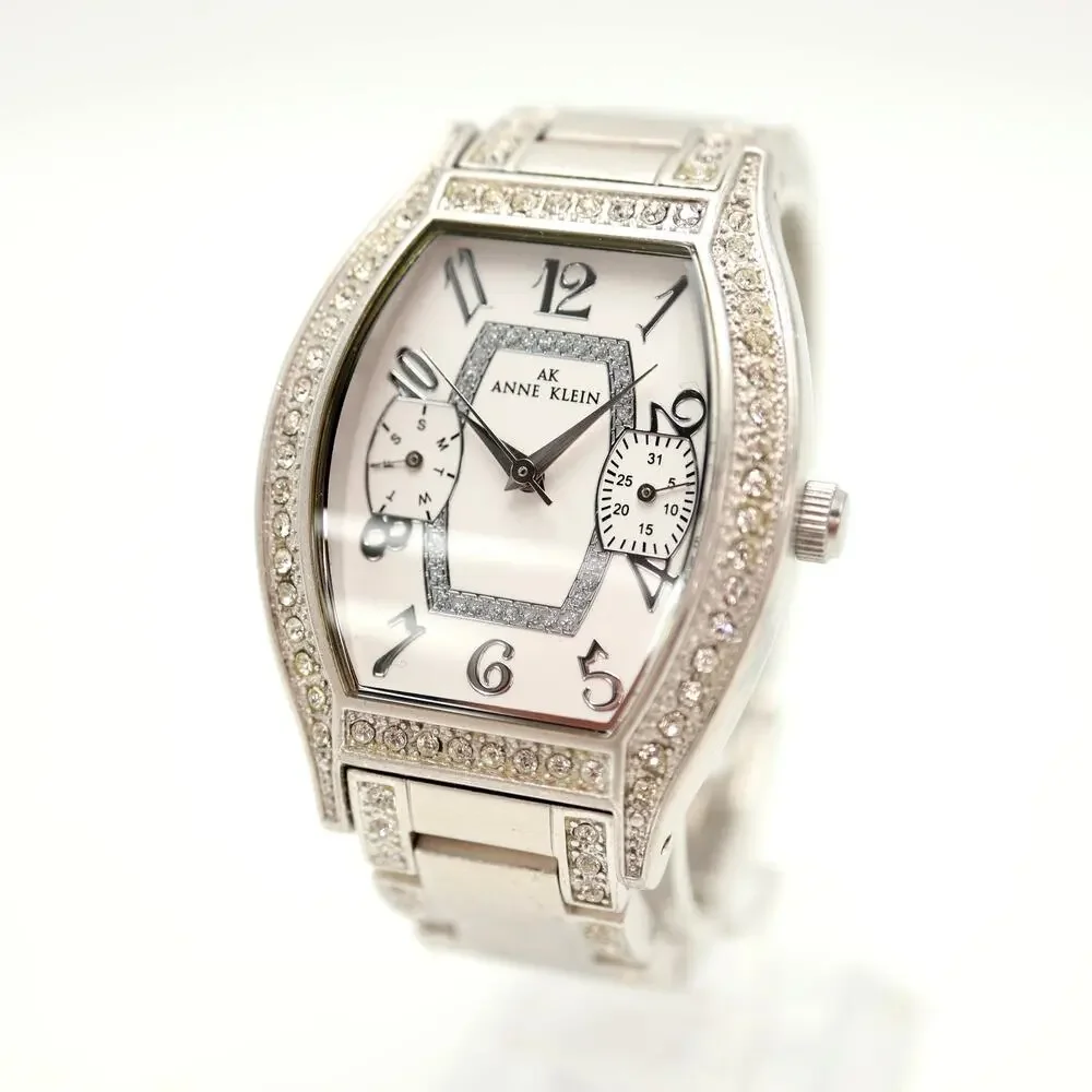 Anne Klein 31mm Barrel Silver Tone Womens Watch Day Date Bracelet w New Battery